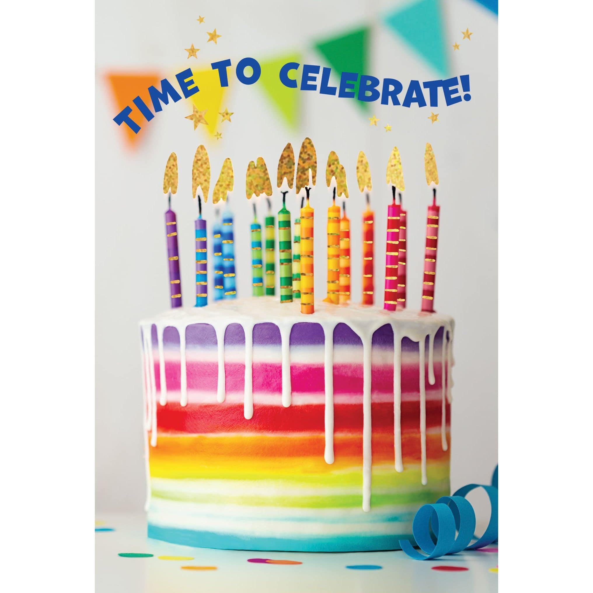 Colorful rainbow cake birthday card from Pictura featuring vibrant illustrations on an everyday greeting card.